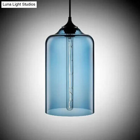 Modern Glass Cylinder Pendant Light - 1 Red/Blue/Clear Hanging Fixture Blue