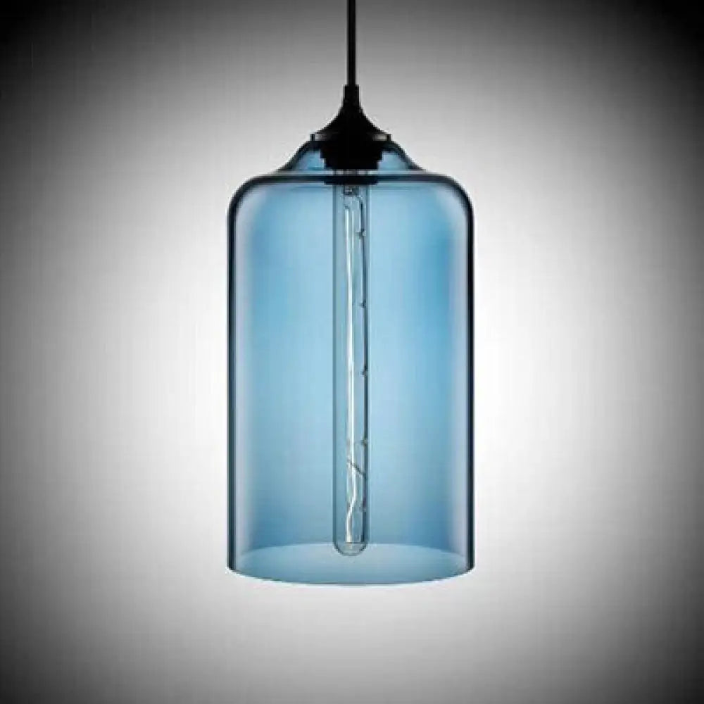 Post-Modern Glass Cylinder Pendant Light In Red/Blue/Clear With 1 Hanging Blue