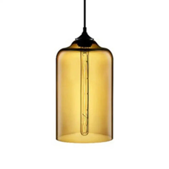 Post-Modern Glass Cylinder Pendant Light In Red/Blue/Clear With 1 Hanging Amber