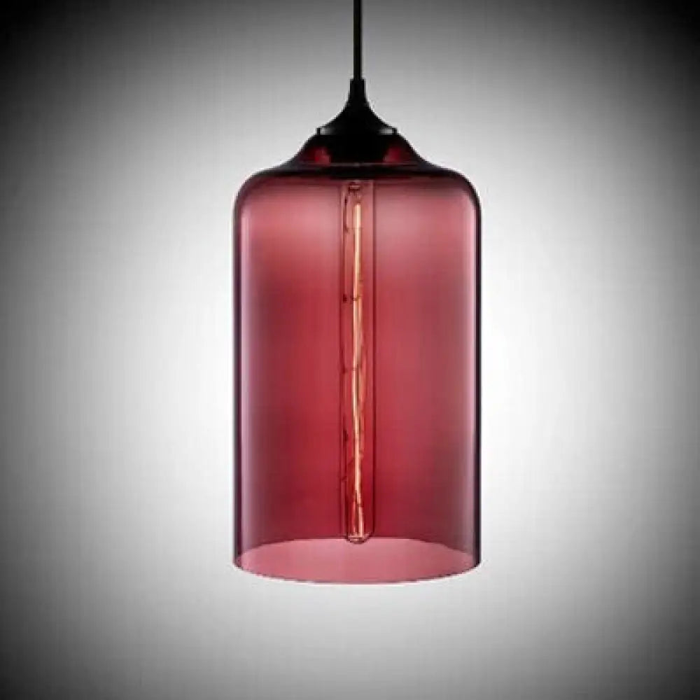 Post-Modern Glass Cylinder Pendant Light In Red/Blue/Clear With 1 Hanging Rose Red