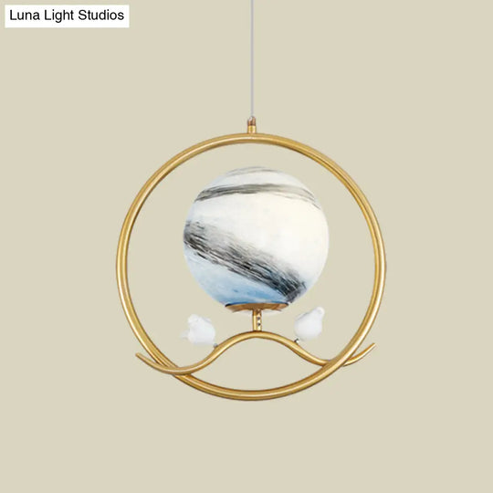 Gold Metallic 1-Light Hanging Lamp: Post Modern Ring Pendant With Planet Glass Shade & Bird Deco For