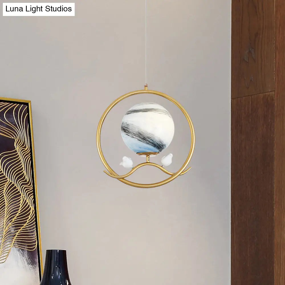 Gold Metallic 1-Light Hanging Lamp: Post Modern Ring Pendant With Planet Glass Shade & Bird Deco For