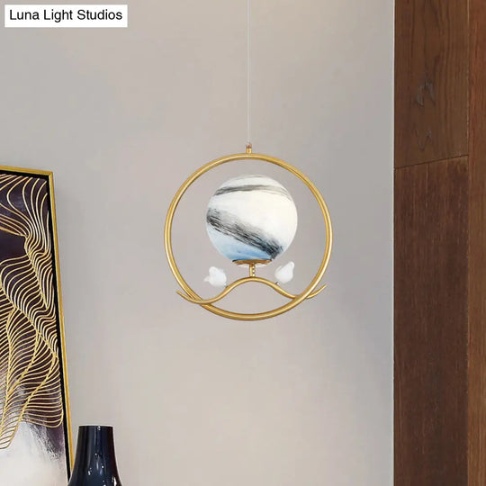 Gold Metallic 1-Light Hanging Lamp: Post Modern Ring Pendant With Planet Glass Shade & Bird Deco For