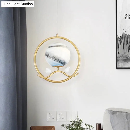 Gold Metallic 1-Light Hanging Lamp: Post Modern Ring Pendant With Planet Glass Shade & Bird Deco For