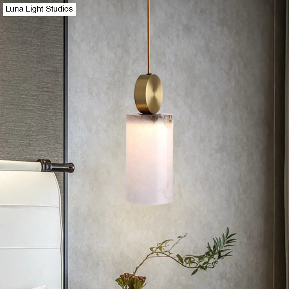 Modern Marble Bedside Pendant Lamp Kit: White With Gold Accent / Cylinder