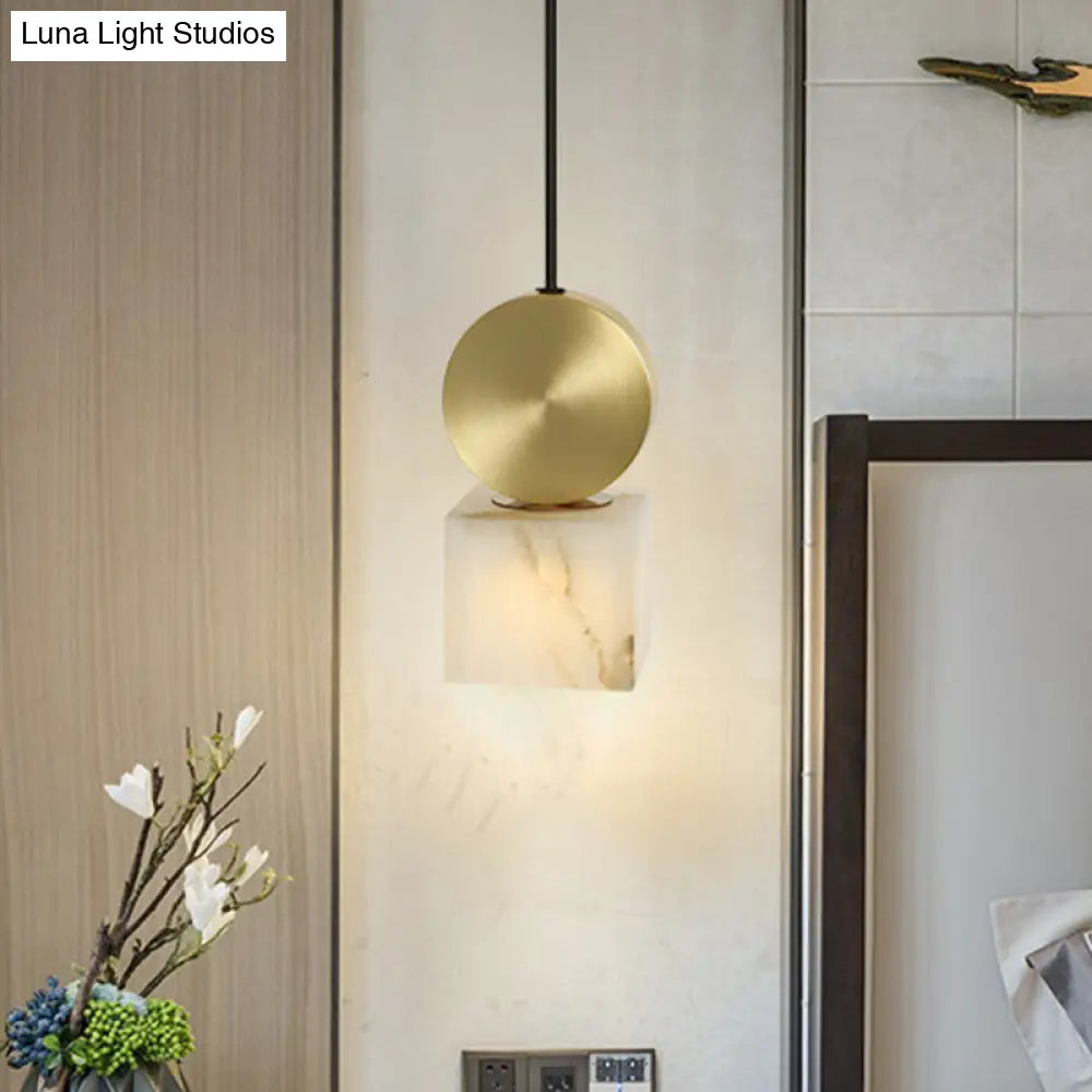 Modern Marble Bedside Pendant Lamp Kit: White With Gold Accent / Square Plate