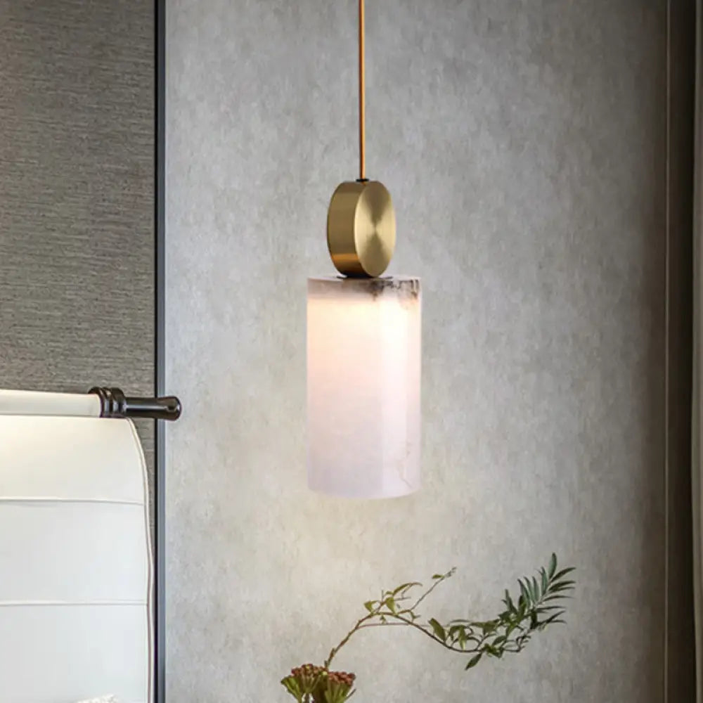 Post Modern Marble Pendant Lamp In White With Gold Top And 1 Head / Cylinder