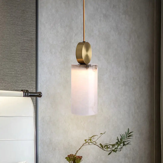 Post Modern Marble Pendant Lamp In White With Gold Top And 1 Head / Cylinder