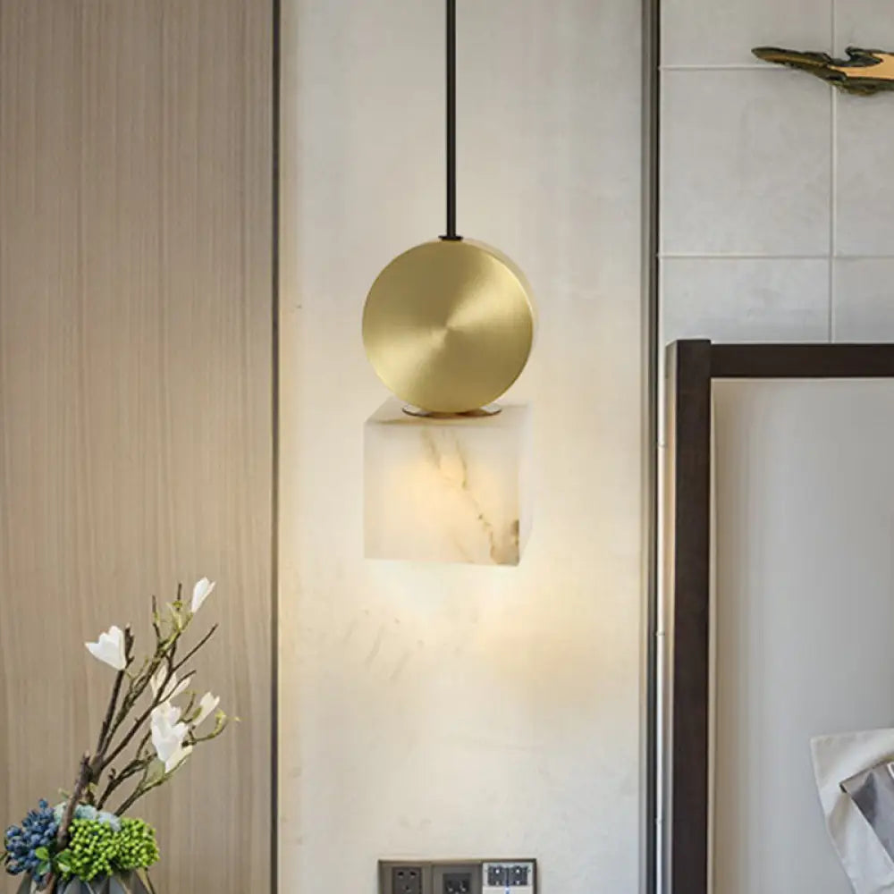 Post Modern Marble Pendant Lamp In White With Gold Top And 1 Head / Square Plate