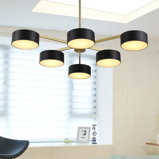 Post Modern Metal Drum Pendant Light - Black/Gold Chandelier For Living Room 3/5/6/10 Lights 6 /