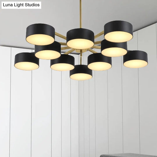 Post Modern Metal Drum Pendant Light - Black/Gold Chandelier For Living Room 3/5/6/10 Lights