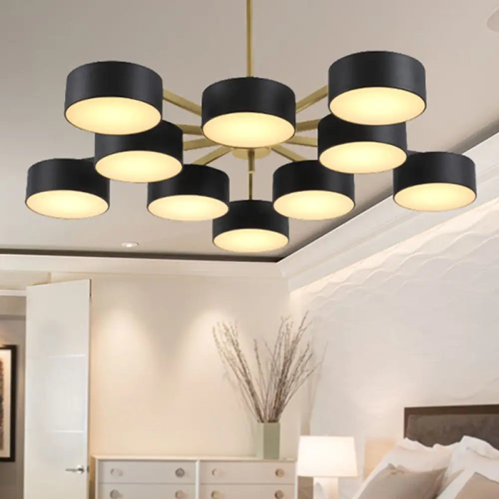 Post Modern Metal Drum Pendant Light - Black/Gold Chandelier For Living Room 3/5/6/10 Lights 10 /