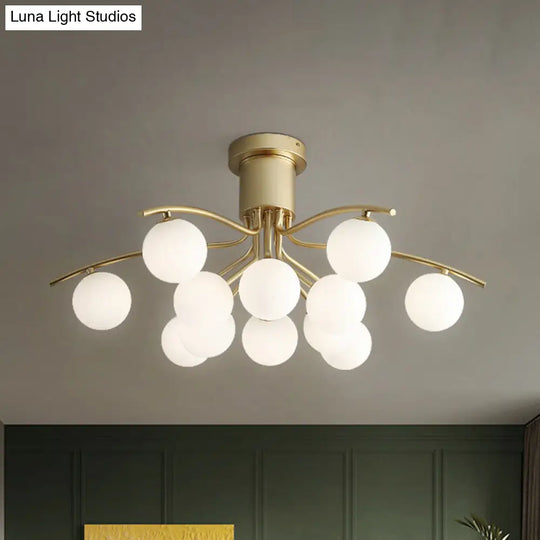 Post-Modern Modo Flush Mount White Glass 12-Head Led Semi Close Ceiling Lamp - Brass Finish