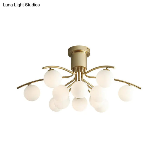 Post-Modern Modo Flush Mount White Glass 12-Head Led Semi Close Ceiling Lamp - Brass Finish