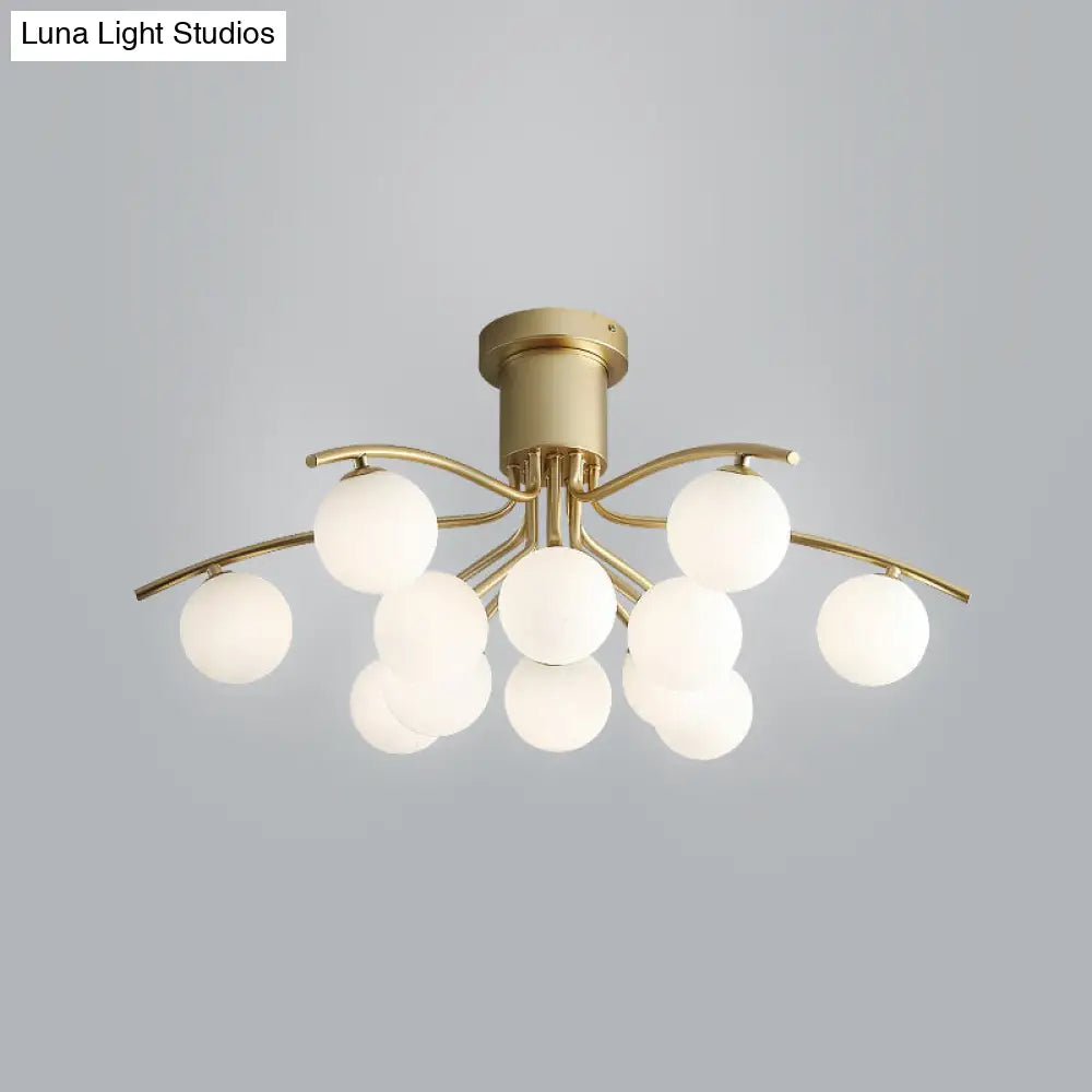 Post-Modern Modo Flush Mount White Glass 12-Head Led Semi Close Ceiling Lamp - Brass Finish