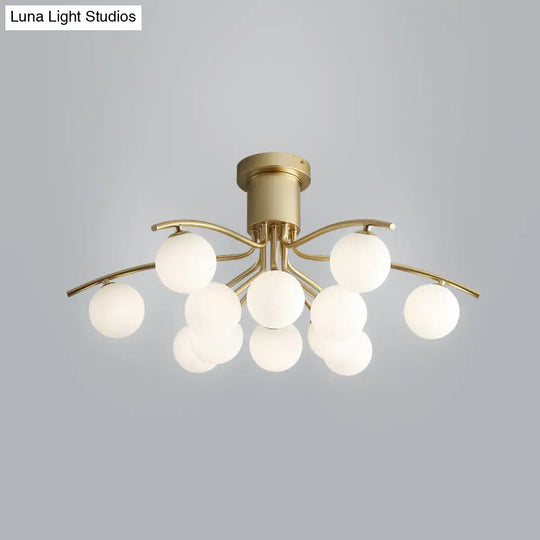 Post-Modern Modo Flush Mount White Glass 12-Head Led Semi Close Ceiling Lamp - Brass Finish