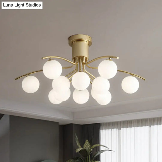 Post-Modern Modo Flush Mount White Glass 12-Head Led Semi Close Ceiling Lamp - Brass Finish