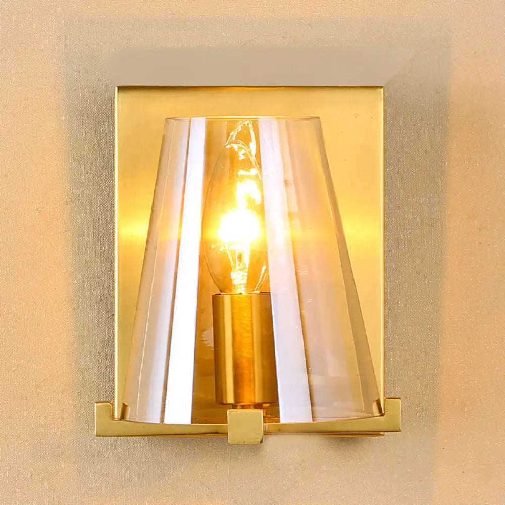 Post-Modern Rectangle Wall Sconce With Gold Finish Conic Amber Glass Shade & 1 Bulb