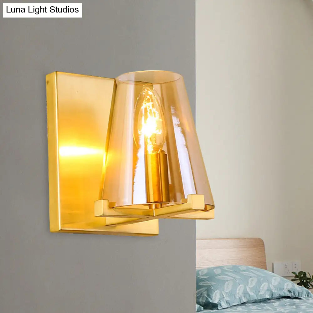 Post-Modern Rectangle Wall Sconce With Gold Finish Conic Amber Glass Shade & 1 Bulb