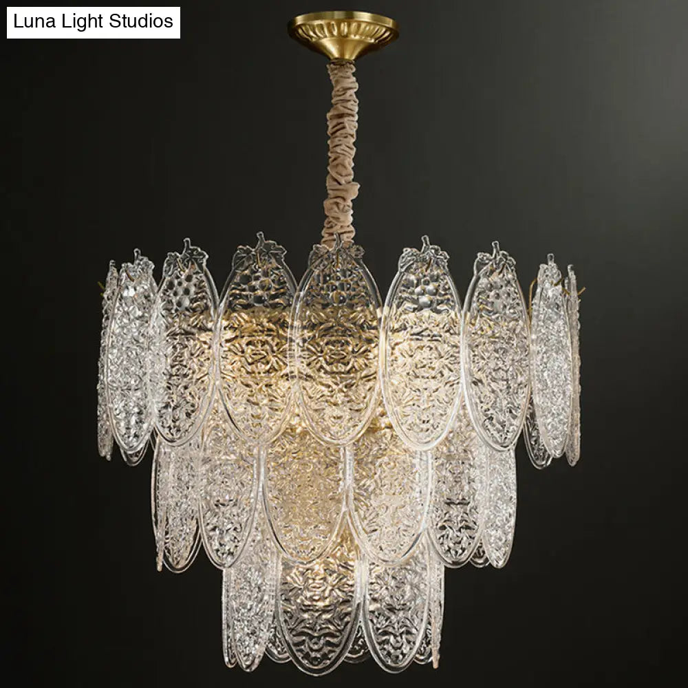 Modern Oval Chandelier Pendant Light In Textured Glass - Gold