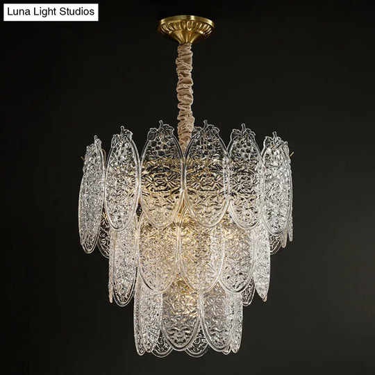 Modern Oval Chandelier Pendant Light In Textured Glass - Gold 9 /