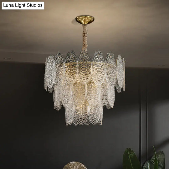 Modern Oval Chandelier Pendant Light In Textured Glass - Gold 12 /