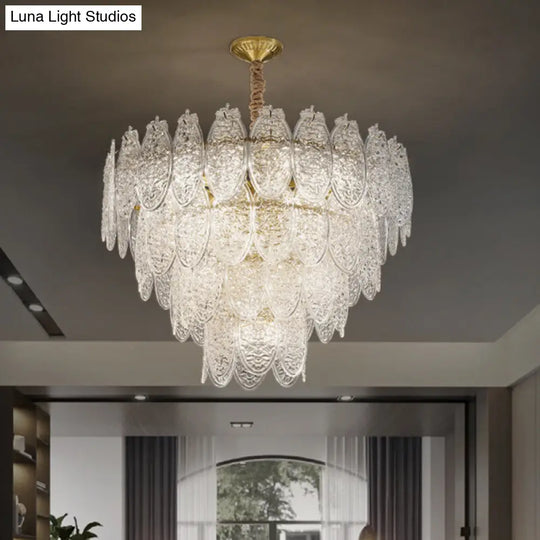 Modern Oval Chandelier Pendant Light In Textured Glass - Gold