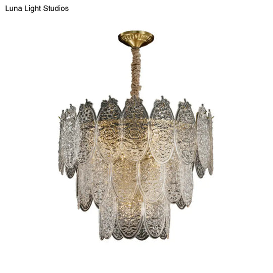 Modern Oval Chandelier Pendant Light In Textured Glass - Gold