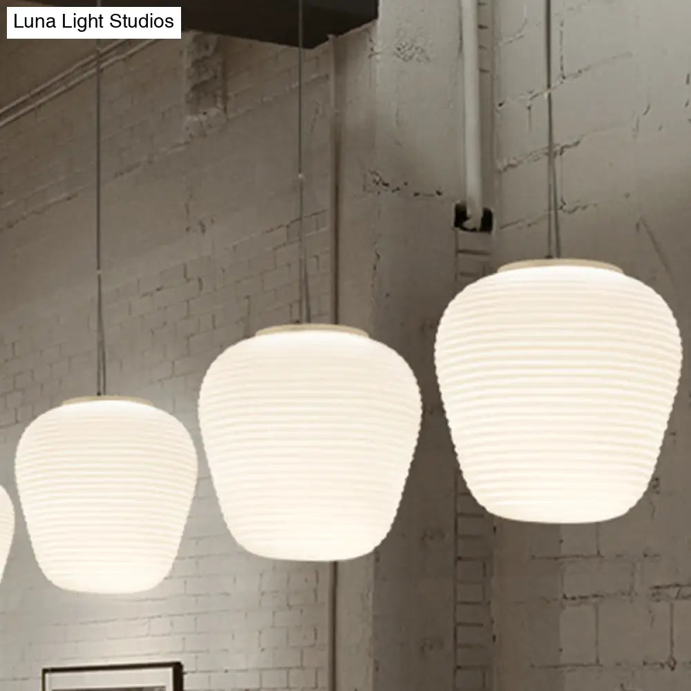 Post-Modern White Glass Cocoon Pendant Light With Ribbed Design 1-Light Ceiling Hanging Fixture