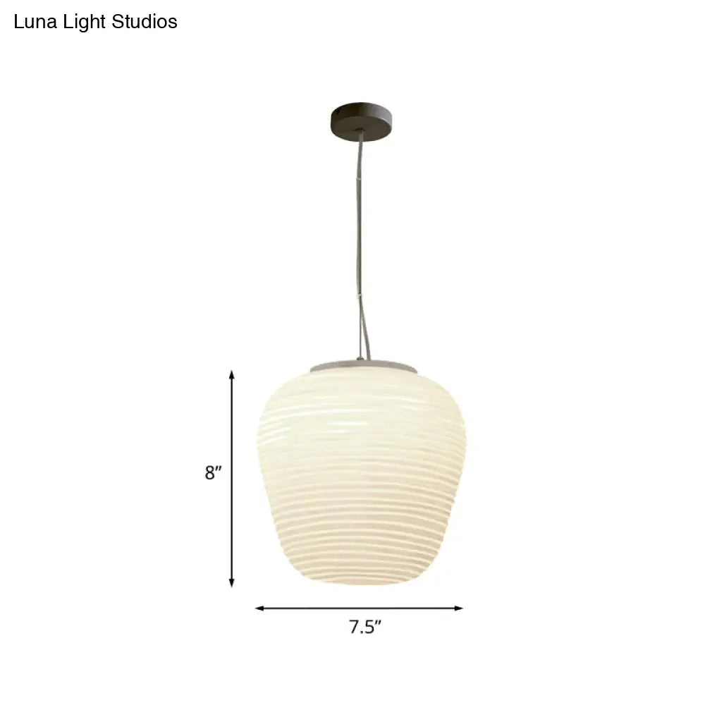 Post-Modern White Glass Cocoon Pendant Light With Ribbed Design 1-Light Ceiling Hanging Fixture