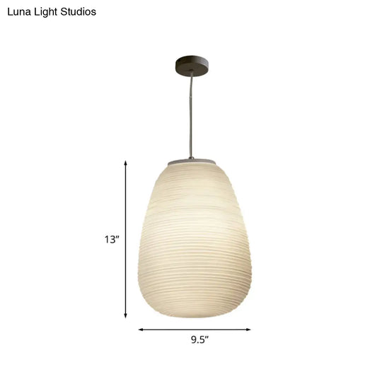 Post-Modern White Glass Cocoon Pendant Light With Ribbed Design 1-Light Ceiling Hanging Fixture