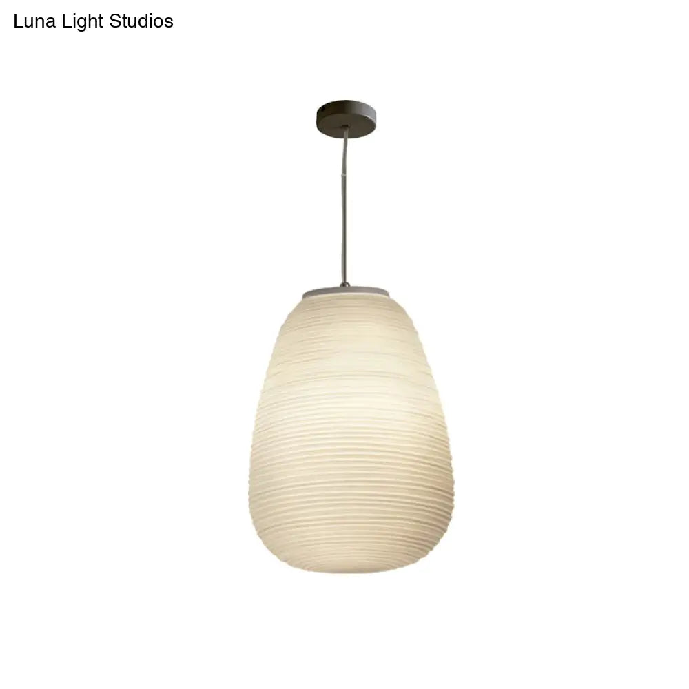 Post-Modern White Glass Cocoon Pendant Light With Ribbed Design 1-Light Ceiling Hanging Fixture