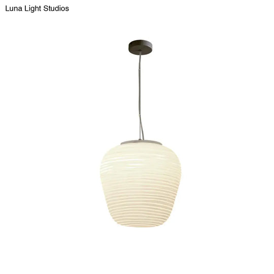 Post-Modern White Glass Cocoon Pendant Light With Ribbed Design 1-Light Ceiling Hanging Fixture