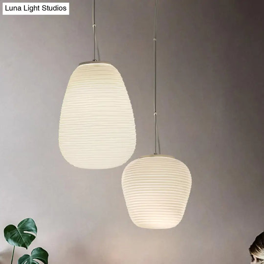 Post-Modern White Glass Cocoon Pendant Light With Ribbed Design 1-Light Ceiling Hanging Fixture