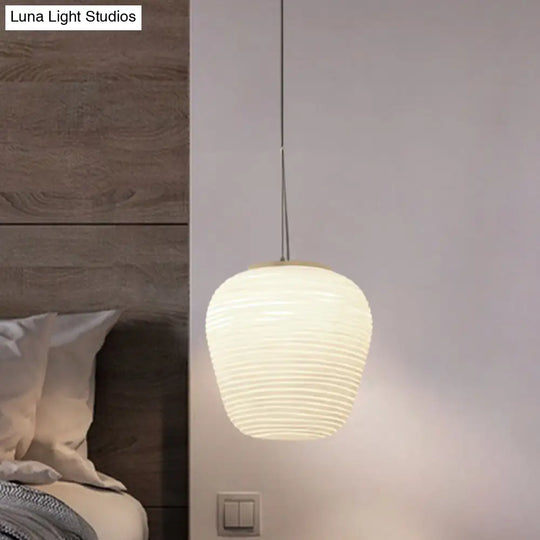 Post-Modern White Glass Cocoon Pendant Light With Ribbed Design 1-Light Ceiling Hanging Fixture