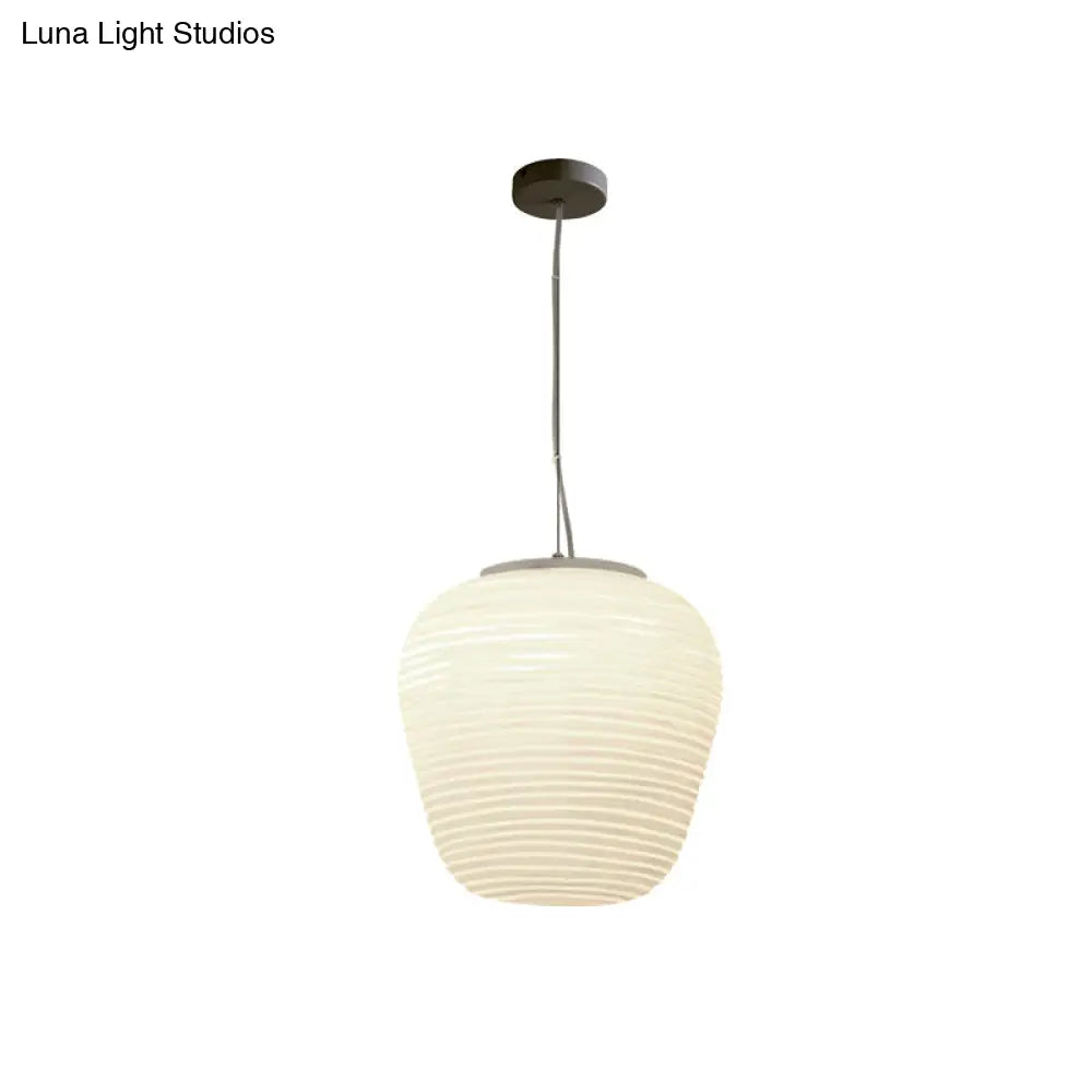 Post-Modern White Glass Cocoon Pendant Light With Ribbed Design 1-Light Ceiling Hanging Fixture