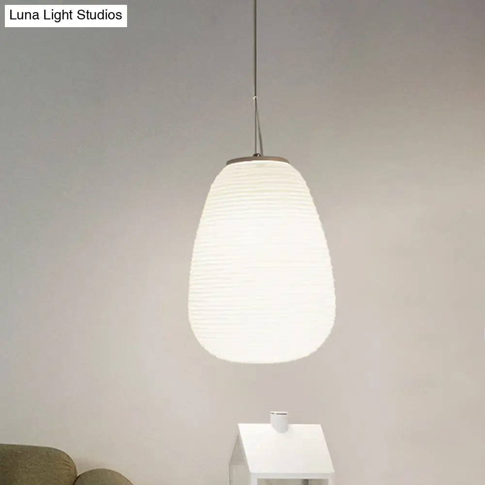 Post-Modern White Glass Cocoon Pendant Light With Ribbed Design 1-Light Ceiling Hanging Fixture / A