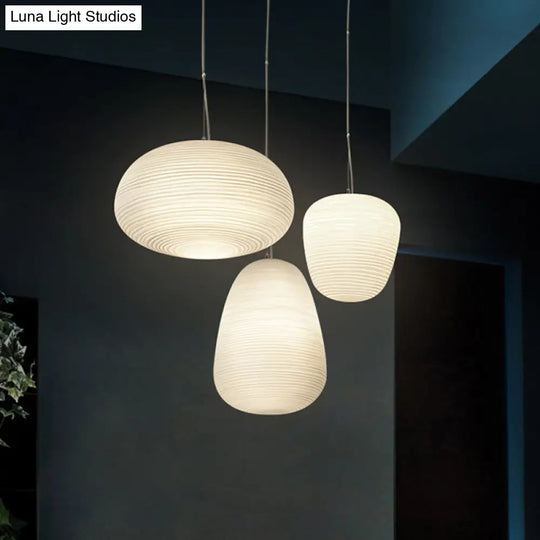 Post-Modern White Glass Cocoon Pendant Light With Ribbed Design 1-Light Ceiling Hanging Fixture