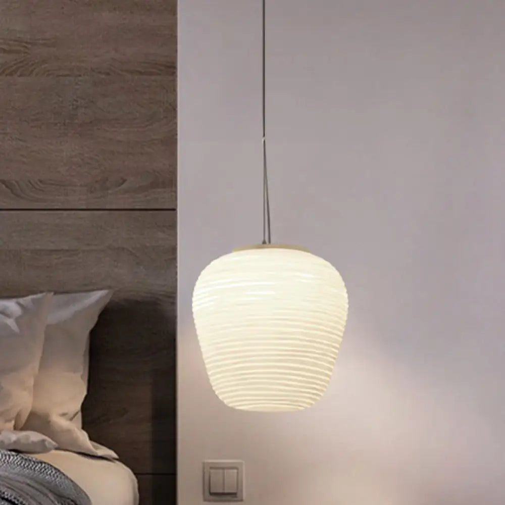 Post-Modern White Glass Cocoon Pendant Light With Ribbed Design 1-Light Ceiling Hanging Fixture / B