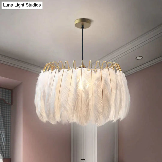 Postmodern White Feather Pendant Light Fixture - Elegant Round Design 1 Head