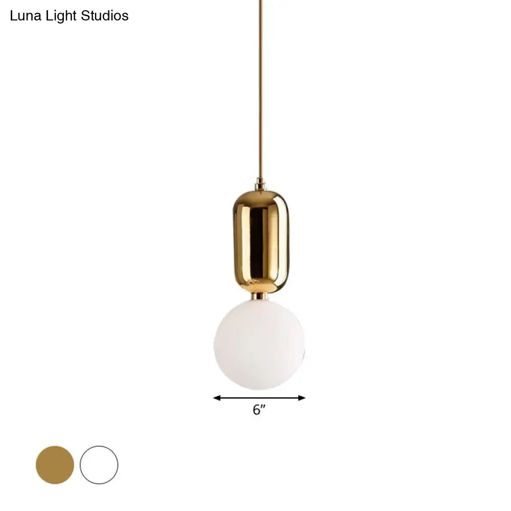 Postmodern 1-Light Pendant Lamp With Milky Ball Glass Shade - White/Gold Capsule Ceiling Hang