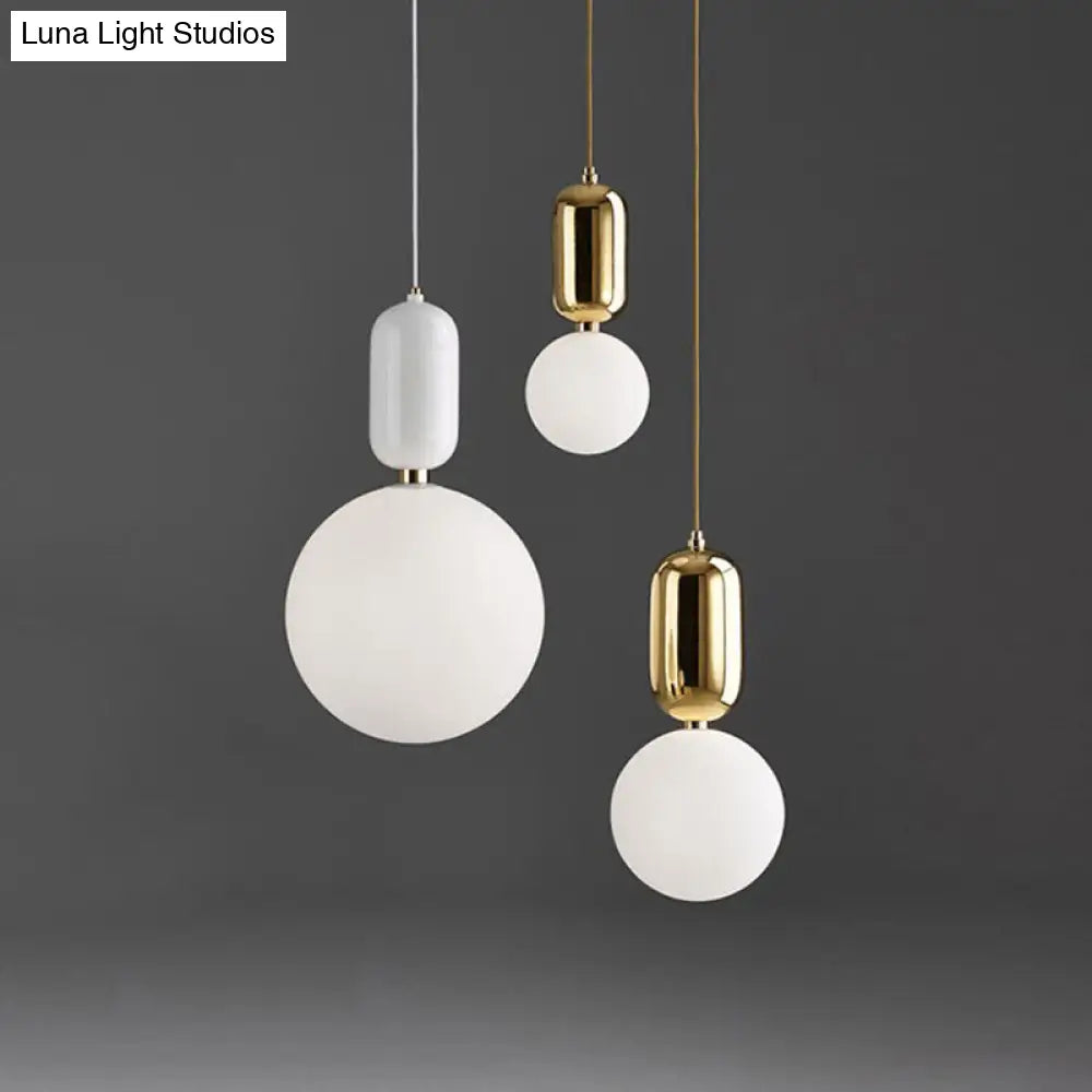 Postmodern 1-Light Pendant Lamp With Milky Ball Glass Shade - White/Gold Capsule Ceiling Hang