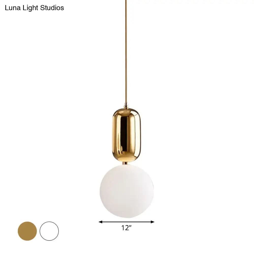 Postmodern 1-Light Pendant Lamp With Milky Ball Glass Shade - White/Gold Capsule Ceiling Hang