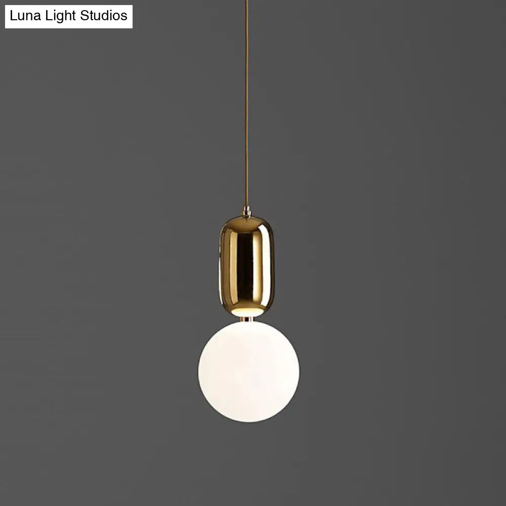 Postmodern 1-Light Pendant Lamp With Milky Ball Glass Shade - White/Gold Capsule Ceiling Hang