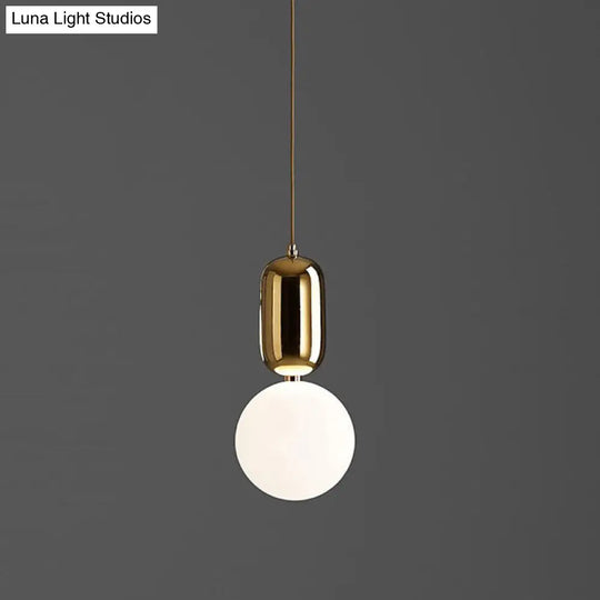 Postmodern 1-Light Pendant Lamp With Milky Ball Glass Shade - White/Gold Capsule Ceiling Hang