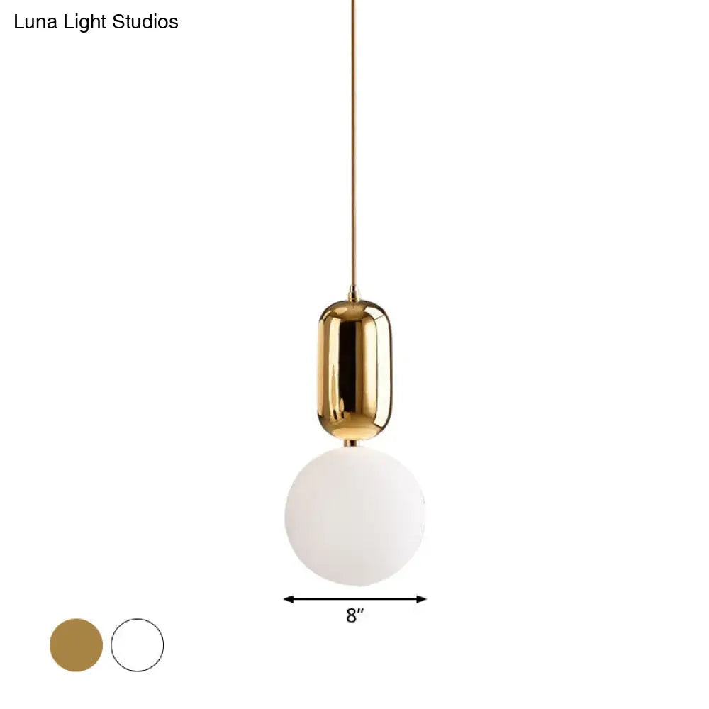 Postmodern 1-Light Pendant Lamp With Milky Ball Glass Shade - White/Gold Capsule Ceiling Hang