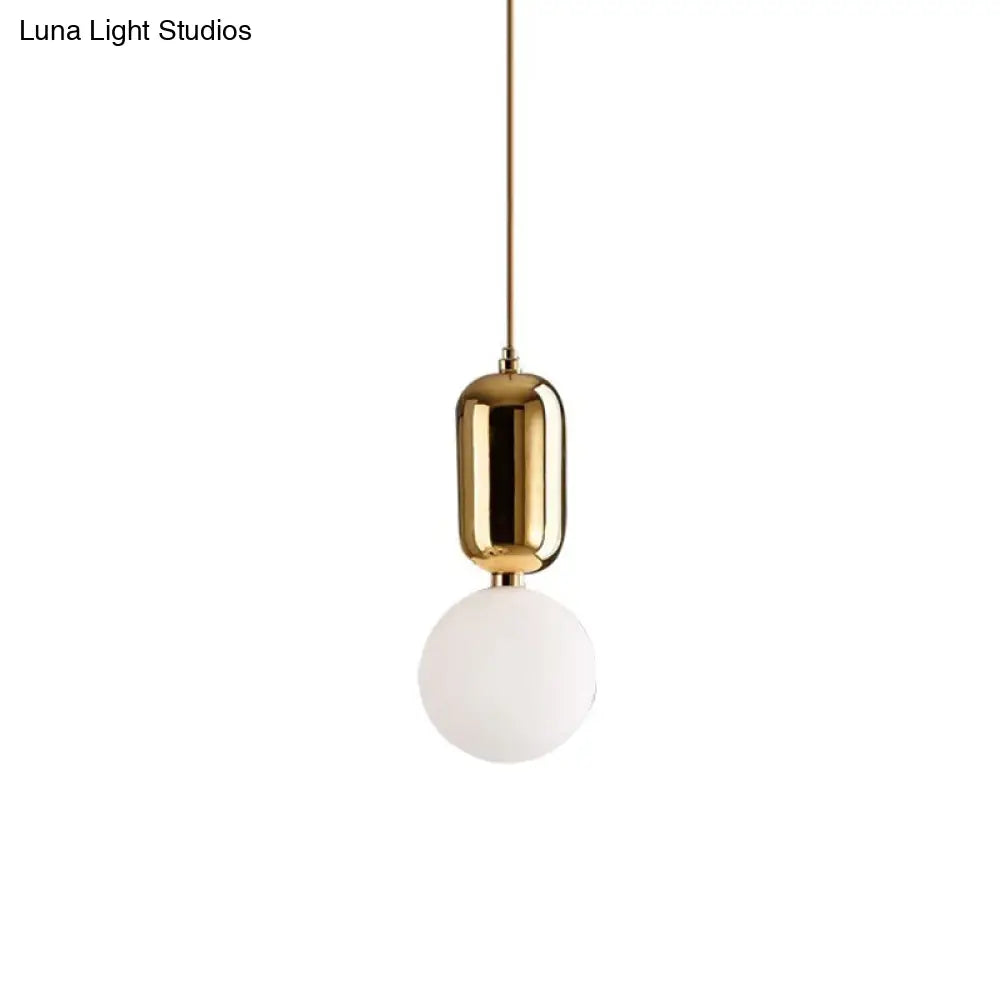 Postmodern 1-Light Pendant Lamp With Milky Ball Glass Shade - White/Gold Capsule Ceiling Hang