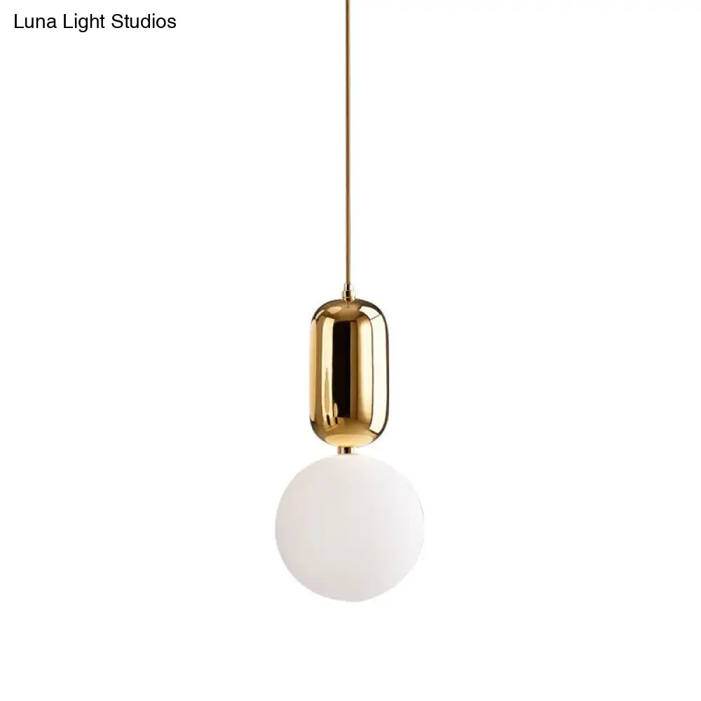 Postmodern 1-Light Pendant Lamp With Milky Ball Glass Shade - White/Gold Capsule Ceiling Hang