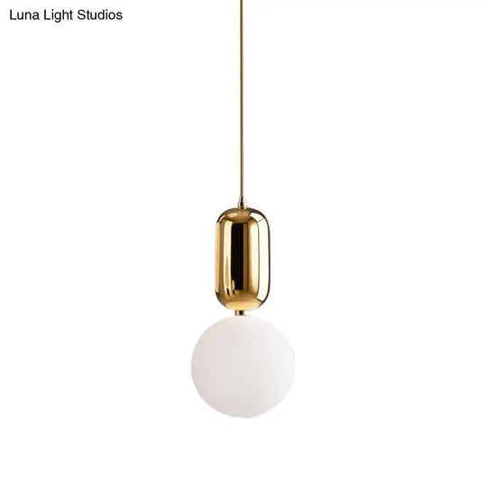 Postmodern 1-Light Pendant Lamp With Milky Ball Glass Shade - White/Gold Capsule Ceiling Hang