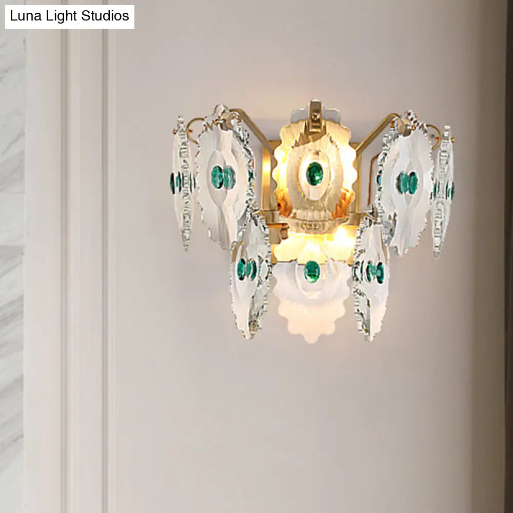 Postmodern 2-Light Wall Sconce With Clear Crystal And Green/Gold Gem Accent